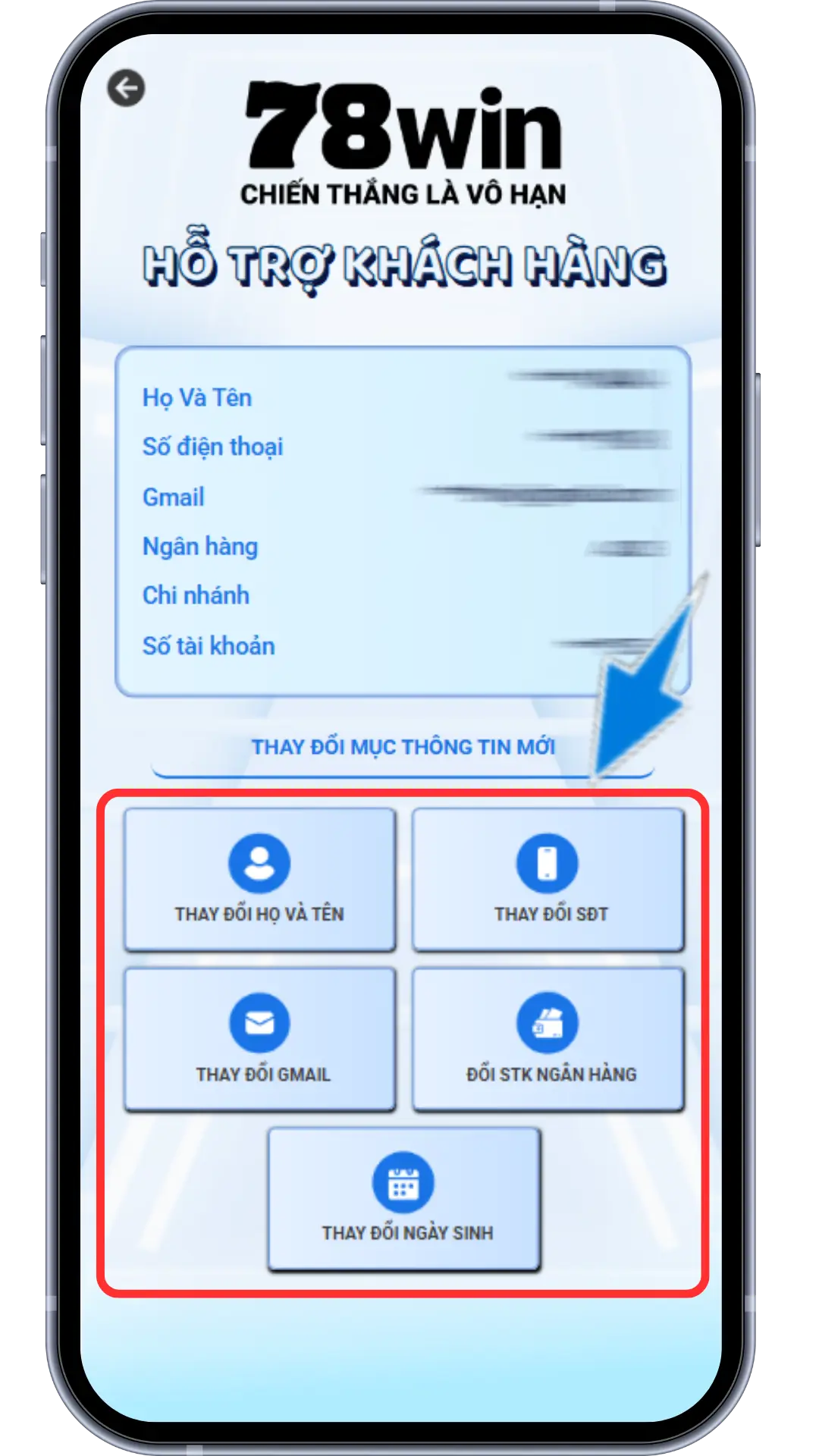 Bước 2 : Chọn thông tin mà Quý khách muốn thay đổi